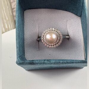 Elegant Halo Pearl Ring in Sterling Silver